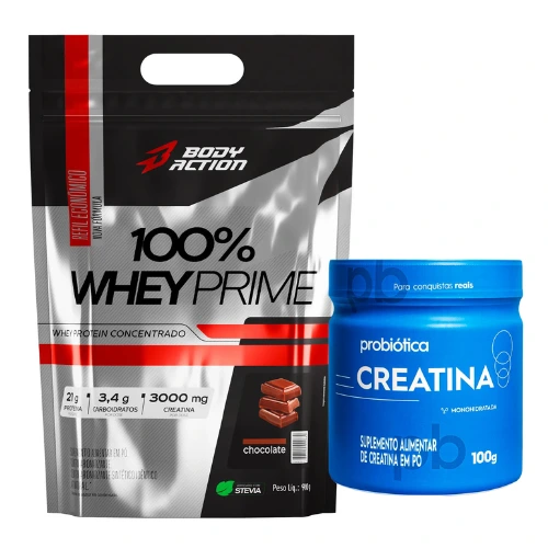 100% Whey Prime Refil (900g) Body Action + Creatina (100g) Probiotica