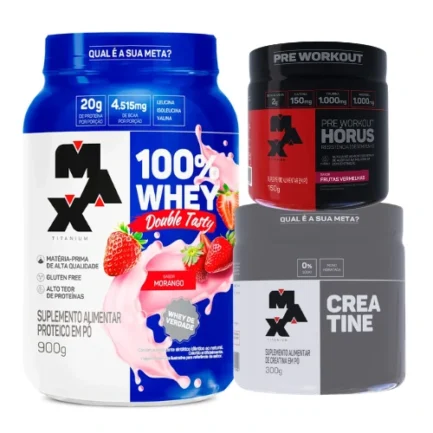 100% Whey Double Tasty (900g) + Creatina (300g) + Hórus (150g) Max Titanium